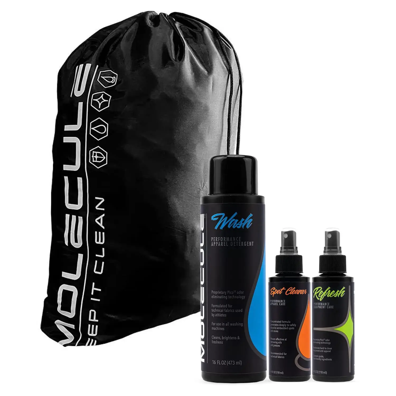 Molecule Performance Apparel Care Kit - 16oz Liquid Stain-Fighting Wash, 4oz Refresh Spray, Instant Stain Remover, Laundry Bag, 0-500 ml Household Cleaners for Technical Fabric, 24-Month Durability, Eliminator