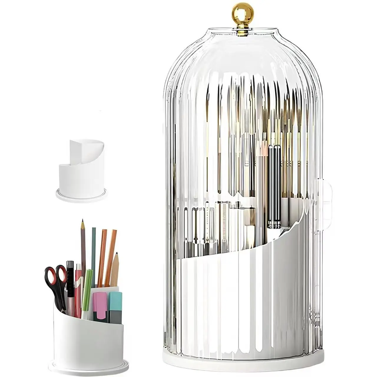 Modern Multifunctional Bacteria-Isolating Toothbrush Holder - 3-Slot Compact Bathroom Accessory, 360° Rotating Cover, Hidden Storage, Glass Dome, Durable Metal Base, Waterproof Multi-Section Toothbrush Protector