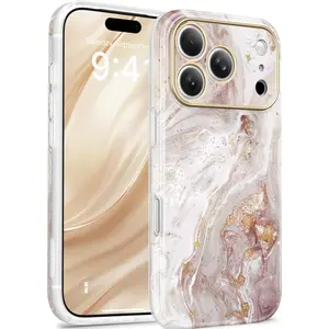 for iPhone 17 Pro Case Compatible with MagSafe, [Full Camera Protection][Military-Grade Protection] Shockproof Protective Slim Magnetic Marble Phone Case for 17 Pro 6.3", Pearlescent/Gold