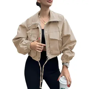 Women's solid color zipper short jacket, fashionable lightweight pocket fabric outerwear, women's spring and autumn clothingRAIMENTRY