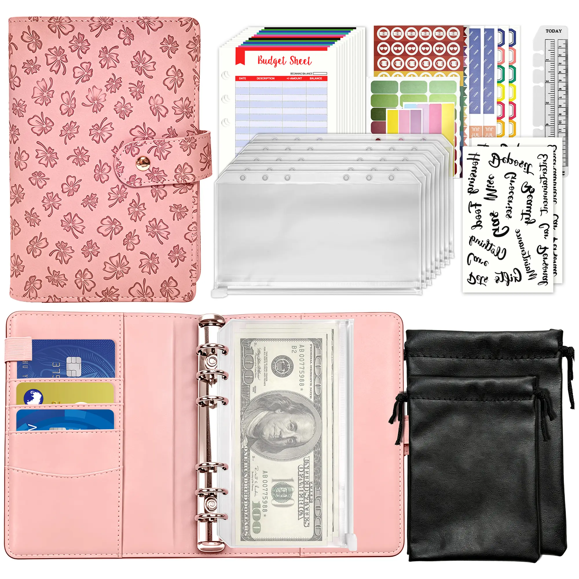 Money Saving Binder - Home Budget Organizer with Expense Envelopes, Expense Sheets, Category Labels, 2 Jewelry Bags, 4-Leaf Clover Print