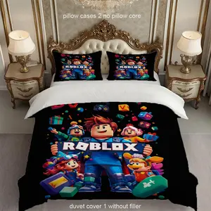 3pcs Roblox Cartoon Pattern Printed Bedding Set, Breathable Comfort Fabric, Design, Convenient Care, Ideal Gift for All Seasons