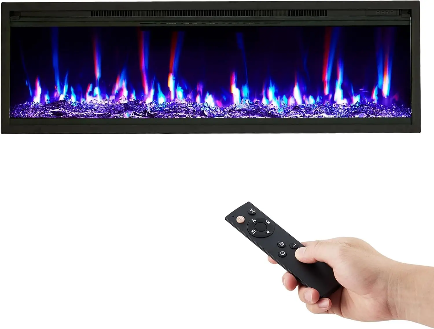 60" Electric Fireplace - Wall Mounted & Recessed 4.2" Ultra-Thin Linear Fireplace with Remote Control and Timer, 750W/1500W Efficient Heating, 12-Color Flames, Includes Log and Crystal Decor