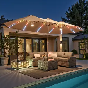 【Spring Glow Up】Ovios 15ft Double-Sided Patio Solar Lights Umbrella with Coffee Table , Outdoor Large Umbrellas with Crank Handle and 36 LED Lights, Rectangular Market Umbrella with Base Included for Deck Pool Shade