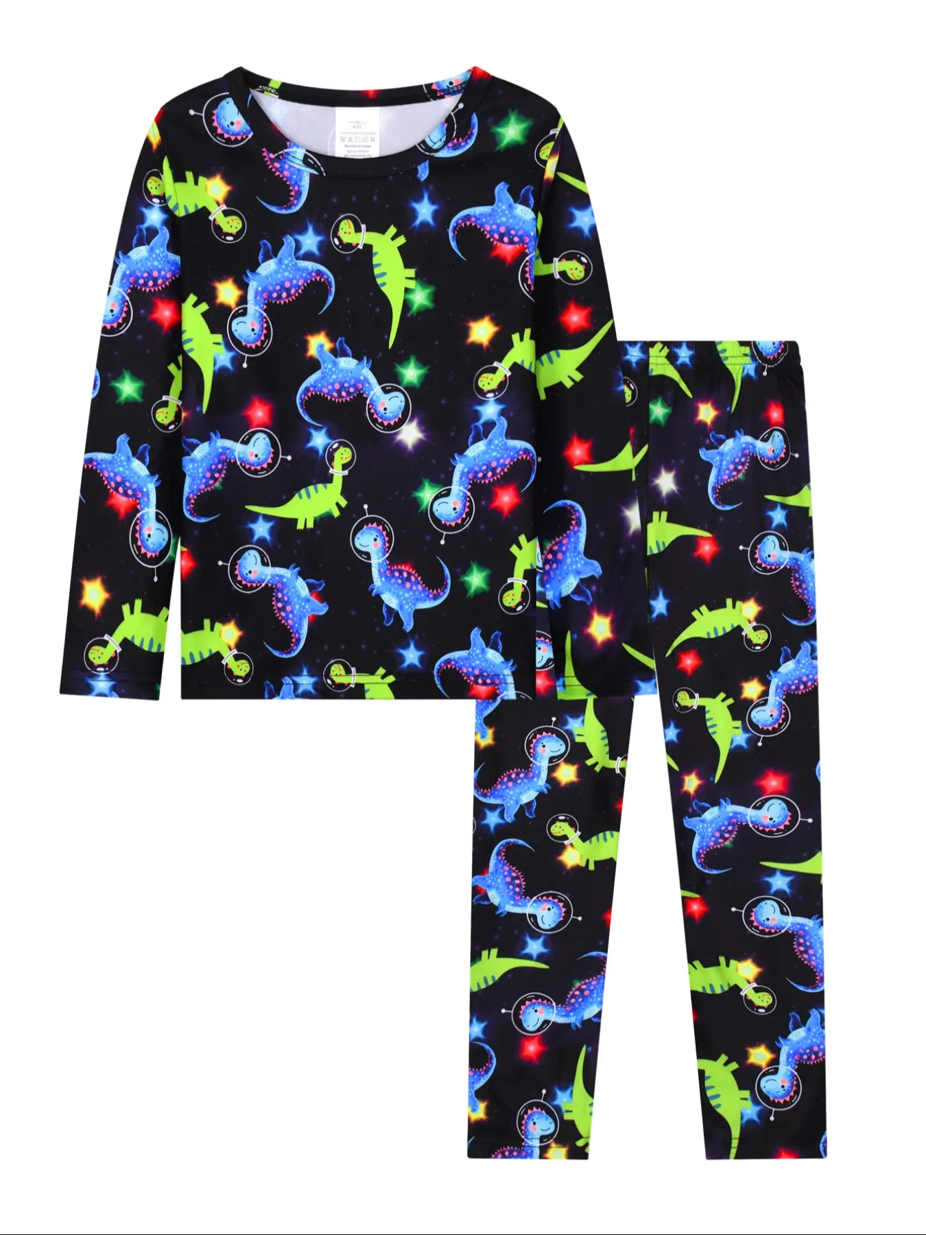 Kids Dinosaur Print Pyjama Set, Cartoon Print Pajama, Round Neck Long Sleeve Top and Pants, Casual Fitted Homewear, All Seasons, Fashionable and Comfortable, Dinosaur Theme, Cartoon Print Sleepwear, Cartoon Pattern Pajamas