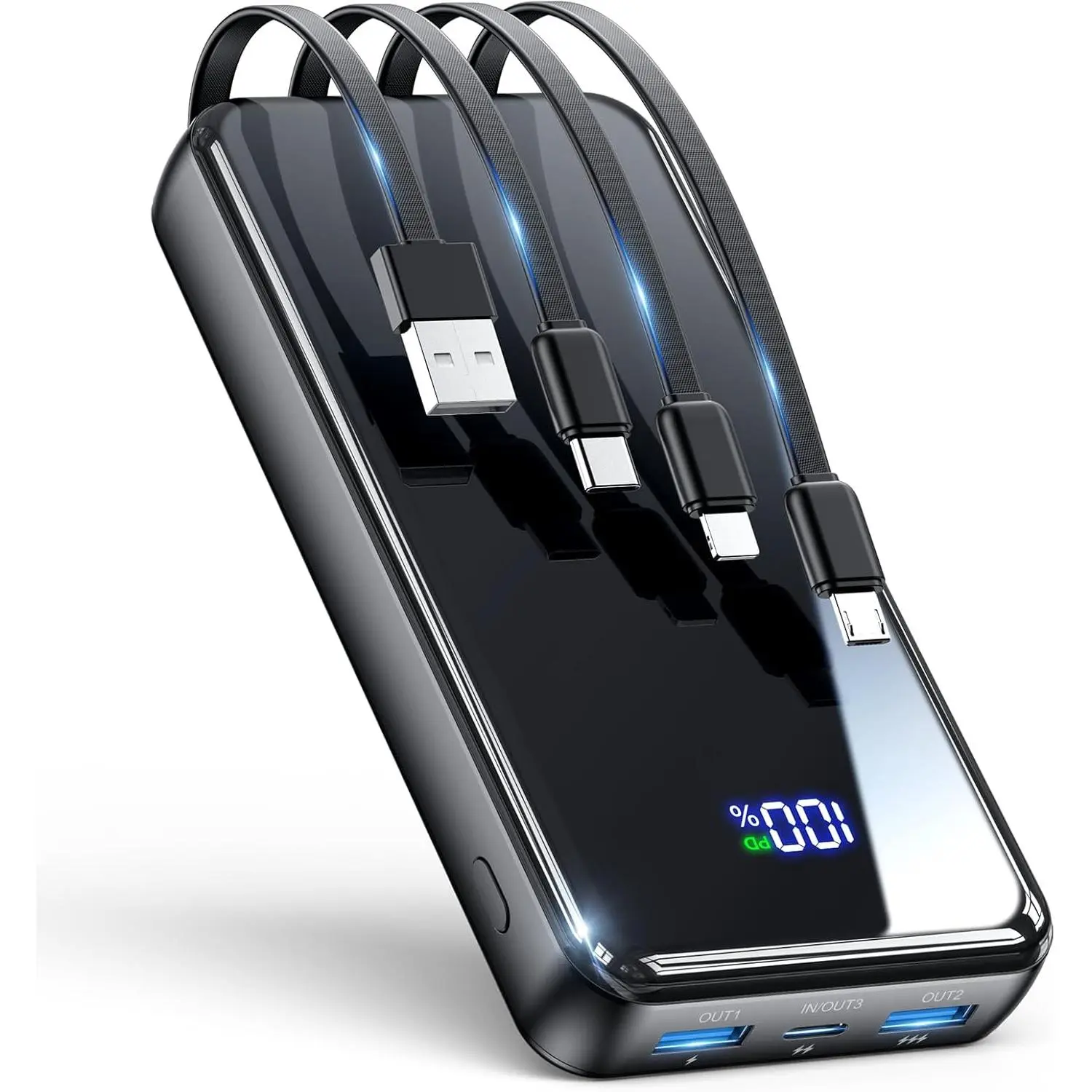 42800mAh Black Portable Power Bank, Chargeable Mobile Charger with Built-in Cable & Wall Charger, 22.5W PD USB-C In/Out Fast Charging, 6 Outputs, 2 Inputs, Phone Accessory for iPhone 16/15/14/13/12 & Android, Portable Powerbank