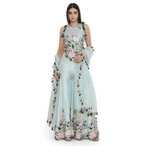 Powder blue embroidered choli with sharara and a dupatta