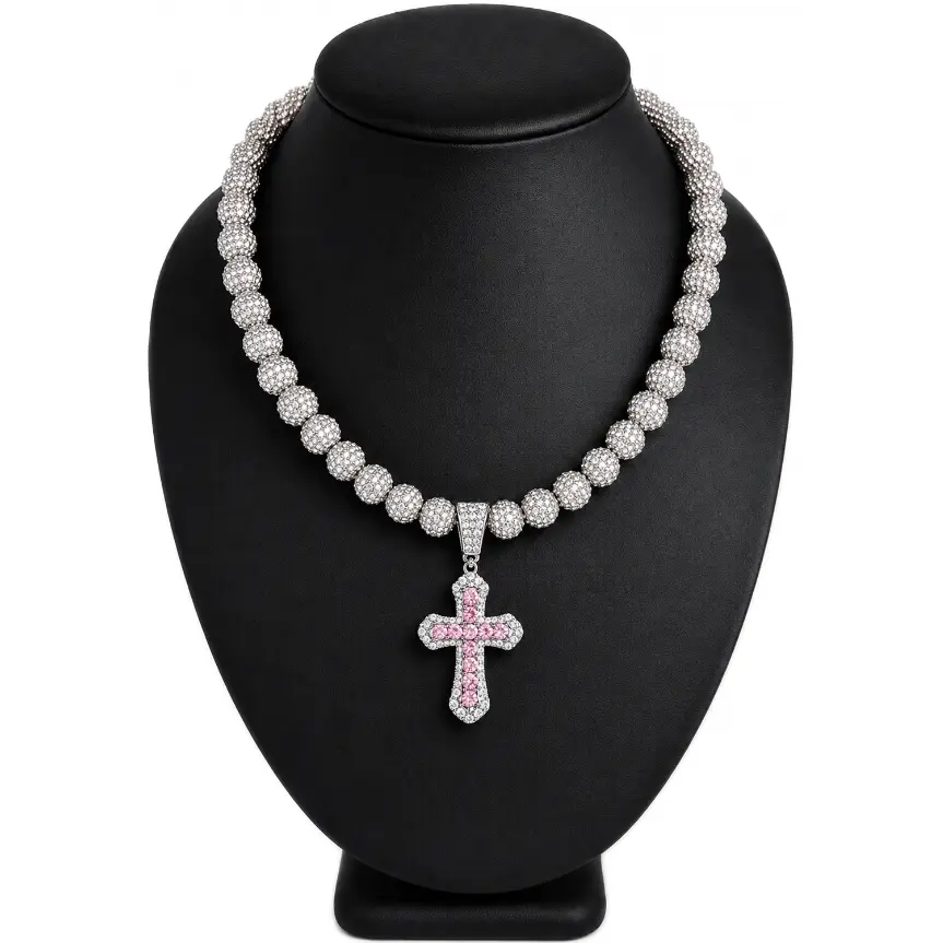 Iced Bling Disco Ball Rhinestone Bead Baseball Drip Necklace Silver Snow Pink Cross