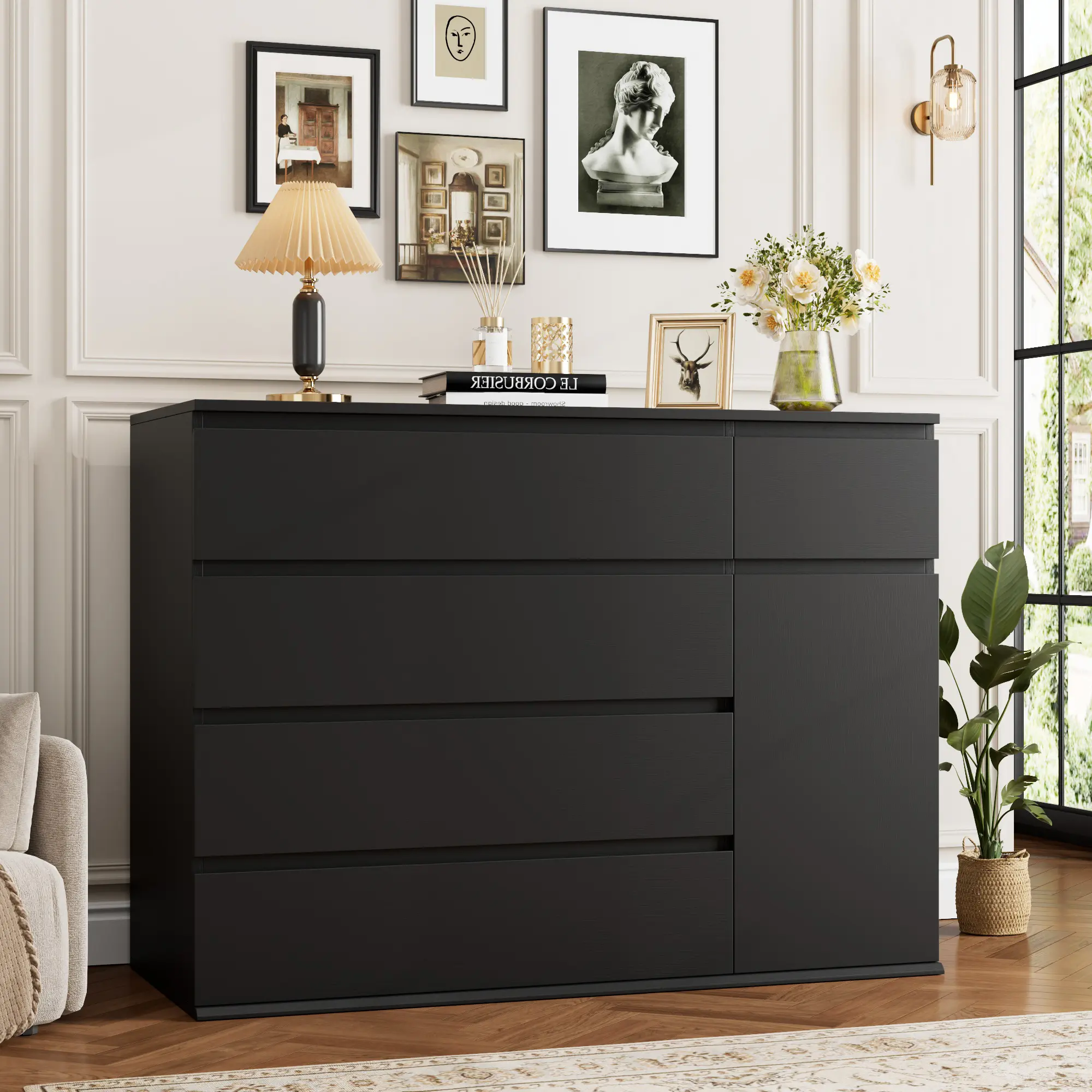 FOTOSOK 5 Drawer Dresser, Black Dresser for TV Stand, Double Wide Storage Chest of Drawers with Door, Deep Drawers and Wide Storage Space