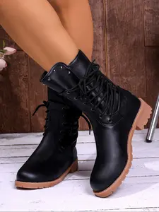 New Fall Winter Women's Boots, British Style Thick Sole Lace-Up Short Boots, Versatile Retro Motorcycle Boots, Above Ankle Below Knee