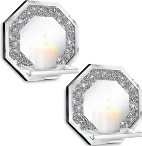 Crystal Crush Diamond Wall Candle Holder Set of 2, Octagon Silver Mirrored Sconces For Home Decoration 6.8"L x 4"W x 6.8"H