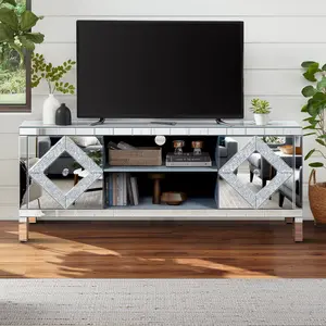 YYDS Mall Mirrored TV Stand for 65+ inch TV,Sliver TV Console Table with Open Storage & 2 Storage Cabinets ,Diamond Shape Sparkling Mirror Doors for Living Room(59''W x 25.2''H x 15.7D)