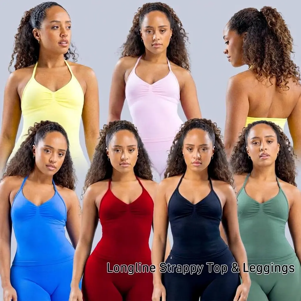 DF~Impact Longline Strappy Top & Leggings Set - Seamless Sculpted Fit with Cross-Back Support Bra & Booty-Lifting Bottoms for Fitness Clothes Compression Activewear