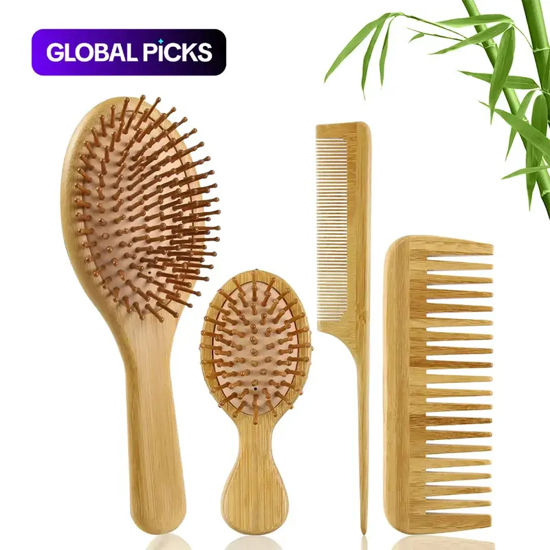 Bamboo Hair Comb Set, 4-Count Natural Bamboo Paddle Detangling Hairbrush, Wide-Tooth and Tail Comb, Smoothing Hair Styling Tools for Women and Men, Curly Hair Care Grooming Gift, Durable #GLOBAL PICKS
