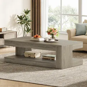 Tribesigns Elegant Grey Coffee Table for Living Room, 47.24 Inch Farmhouse Rectangle, 2-Tier Storage Tea Cocktail Table