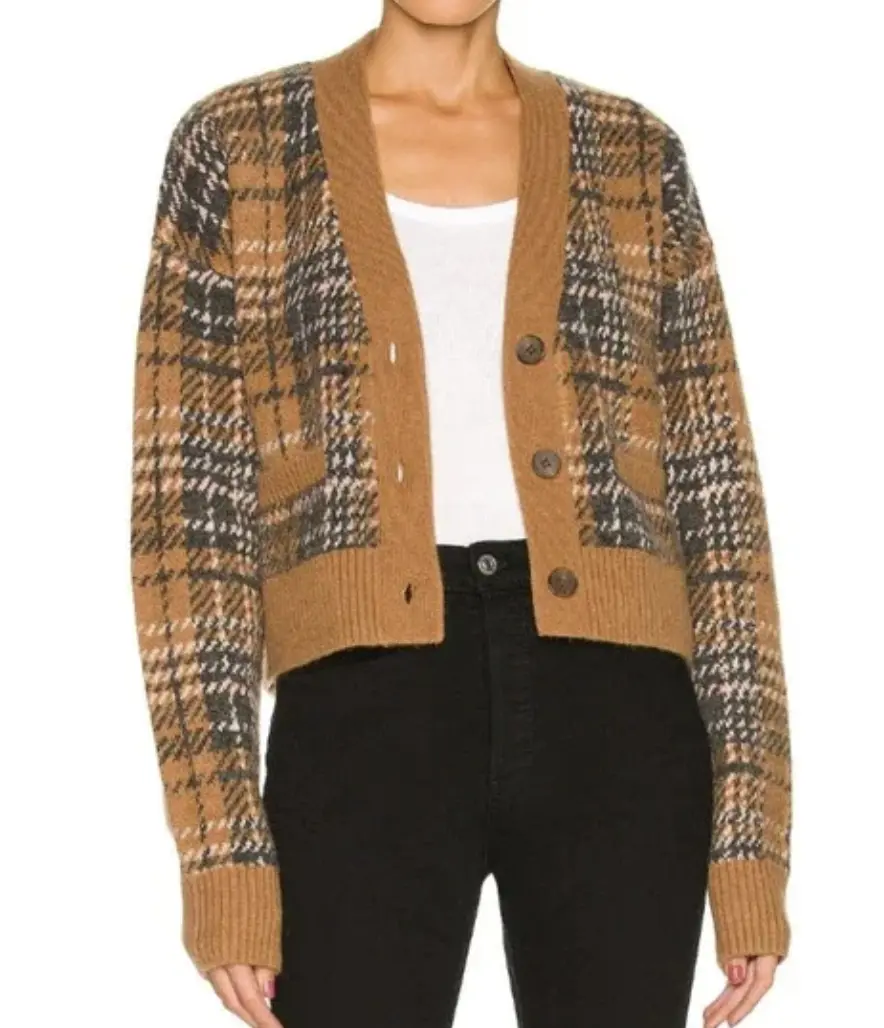 RE/DONE 90s Crop Cardigan in Caramel Multi Size L Soft Wool-Blend V-Neck Dropped-Shoulder Fit Three-Button Closure Front Pockets Ribbed Cuffs Hem Slightly Cropped Silhouette