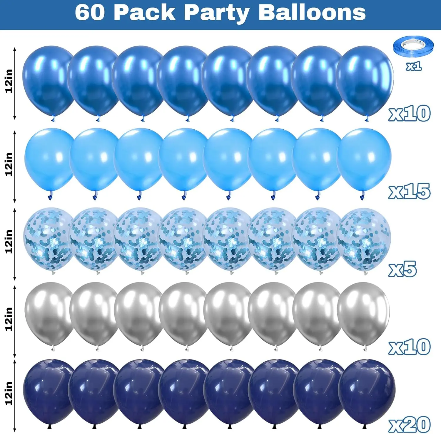 60 Pcs Blue and Silver Balloons, Fathers Day Navy Royal Blue Silver Party Balloons with Metallic Confetti Helium Latex Balloons for 2026 Graduation Decoration Birthday Baby Showers