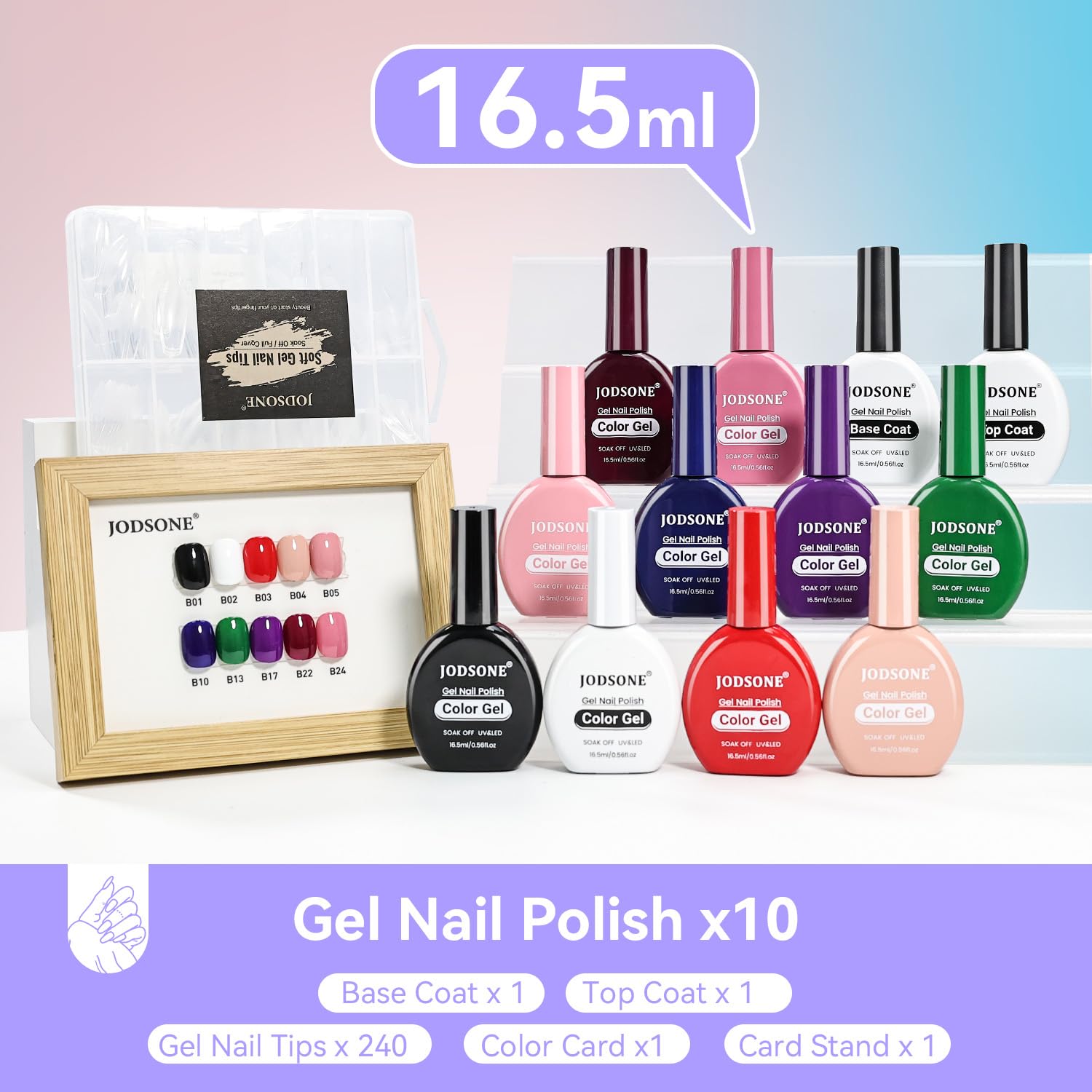 JODSONE 12PCS 16.5ml Gel Nail Polish Set - Same Color Same Bottle, Base & Top Coat Included, 10 Colors for Home Salon Nail Art & Holiday Gifts