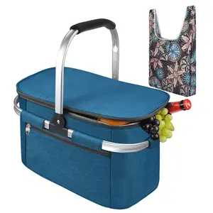 Tirrinia Large Insulated Picnic Basket, 34L Water Resistant & Leakproof Collapsible Portable Cooler Basket Set with Aluminium Handle for Travel, with a Free Foldable Grocery Bag