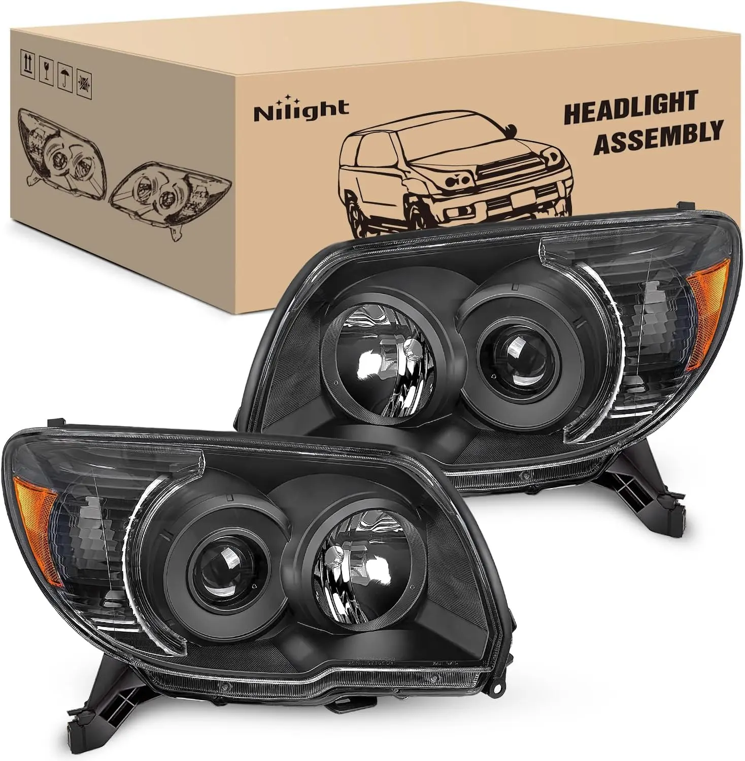 Nilight LED Headlights Assembly for Toyota 4Runner 2006-2009 - Black Housing, Amber Reflective, IP65 Waterproof, OE Standard, Salt Spray Tested, Adjustable, UV Resistant, 15 Mins Install Car Lighting Auto Parts, LED Lights