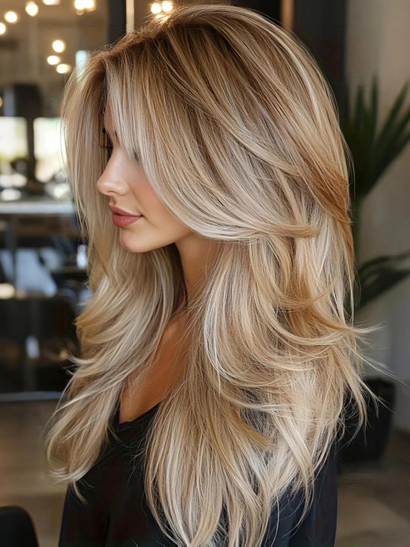Long Ombre Blonde Layered Wig with Bangs - 22 Inch Blonde Ombre Layered Wig with Dark Roots - Natural Looking Soft Straight Synthetic Material Wigs Layers Haircut Fringe, Volume Wig for Women Daily/Party/Holiday/Christmas High Quality Wigs
