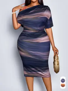 Women's Elegant Chic Tie-Dye Gradient Bodycon Fit Dress, Asymmetrical Neckline High Waist Split Back Long Party Dress, Plus Size Fashion Womenswear