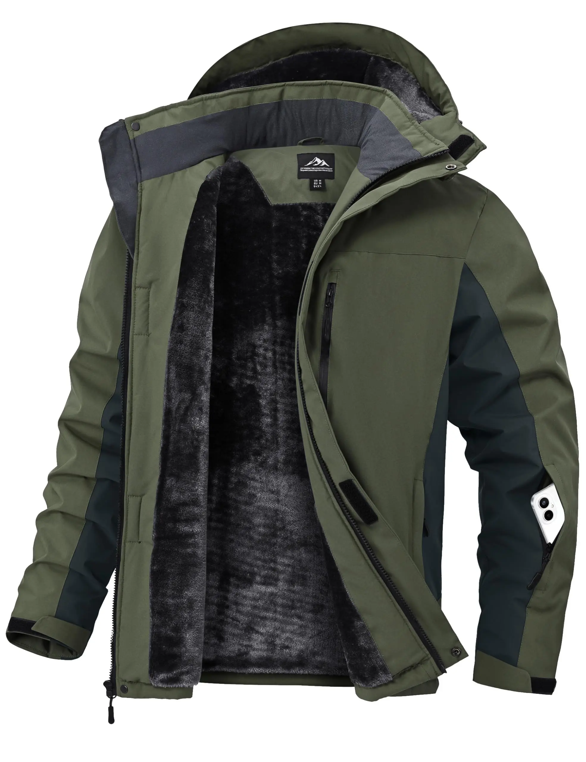 Zoofly Men's Retro Fleece Jacket - Full Zipper, Hooded, Waterproof Polyester Outdoor Coat for Skiing, Snowboarding
