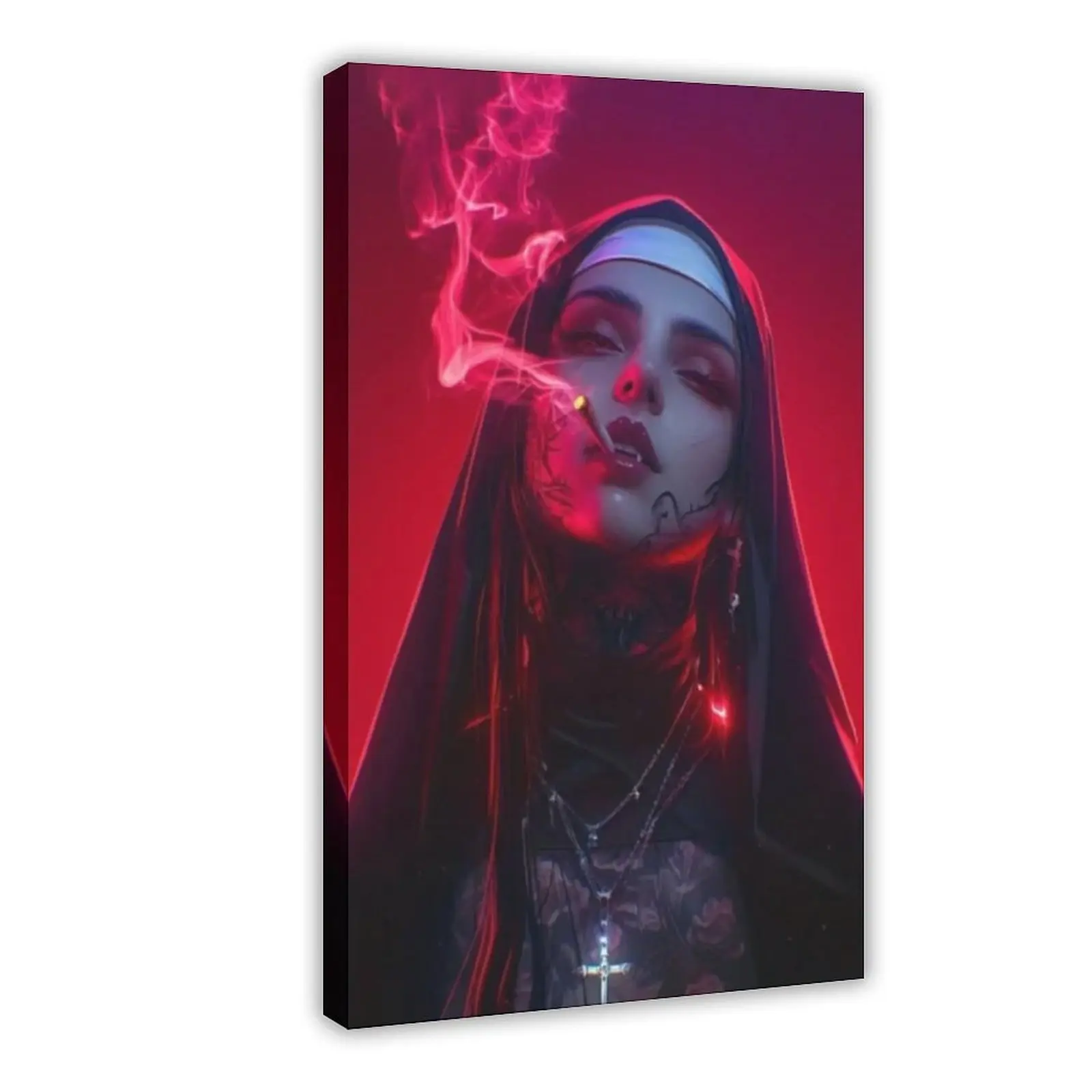High-Quality Smoking Nun Girl Canvas Wall Art - Artistic Decoration Painting Print for Living Room, Home Decor Gift with Anatomical Skeletal Muscle, Number Beast, Vintage Boo Pumpkin, Spooky Ghost, Witch Hat