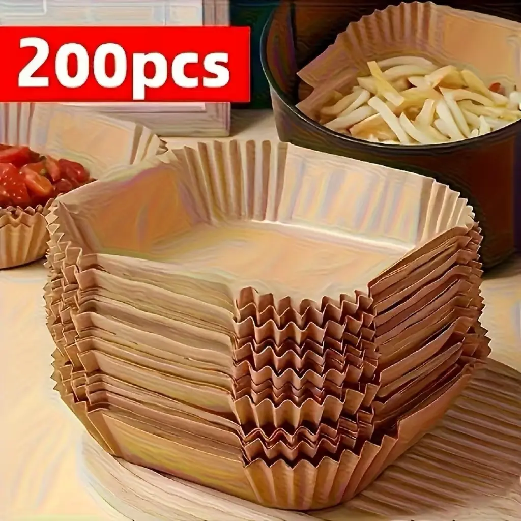 200-Pack Value Square Shape Single-Use Air Fryer Paper Pads, Non-Stick Anti-Adhesive Food-Safe Baking Parchment, Durable Biodegradable Kitchenware for All Ages Home Halloween Deep Frying
