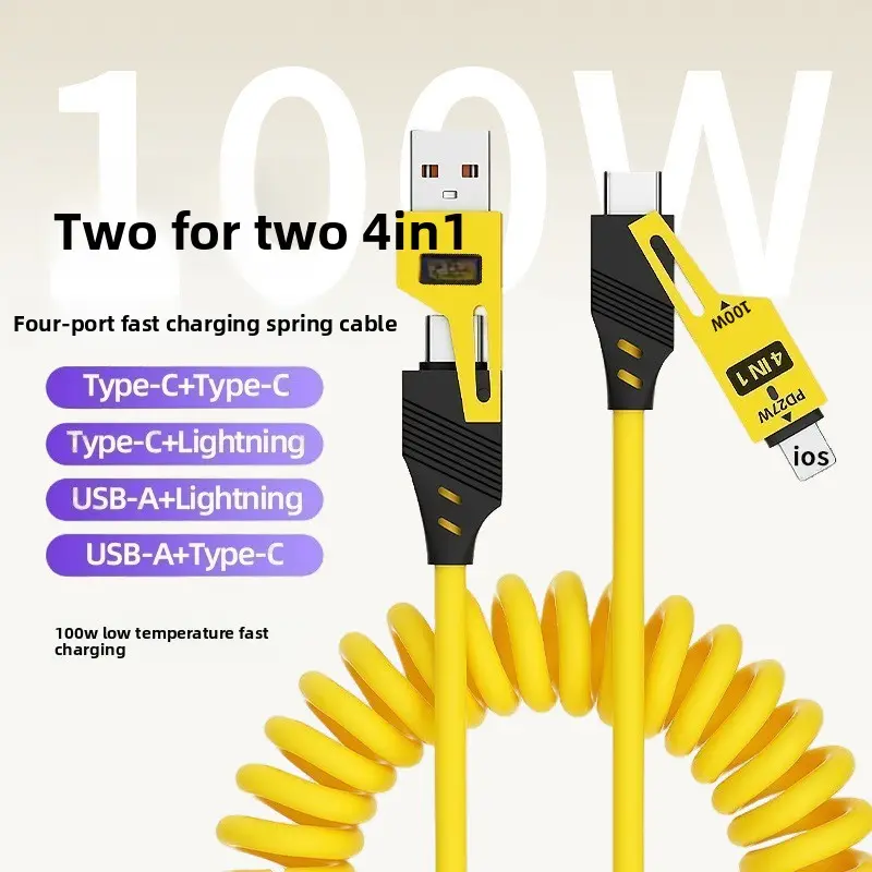 65W Fast Charging Spring Cable 4 in 1 Retractable Portable Data Cord for Car and Home Use