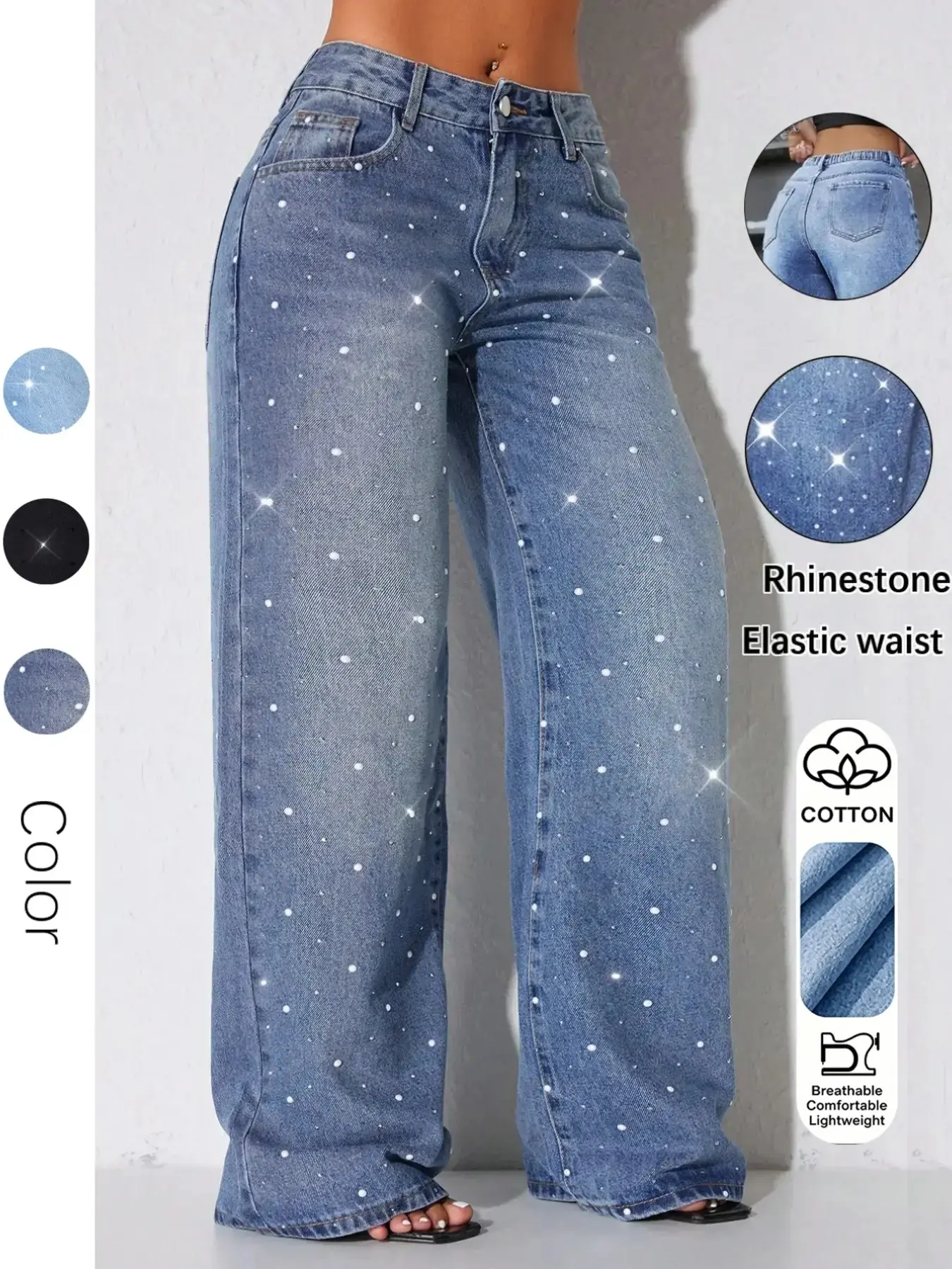 Women's Casual Everyday Denim Wide-Leg Loose-Fit Baggy Button Fly Floor-Length Jeans, Natural Elastic Waist Bottoms for All Seasons