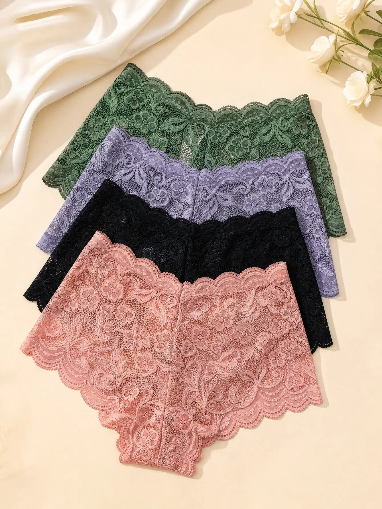 Women's Floral Full Lace Boyshort Panties - Mid-Rise Scallop Trim, Breathable Stretch Lace Womenswear Underwear Set for Daily Wear (Multi-Color) Elegance Elegant