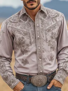 Men's floral casual shirts, long-sleeved with Western patterns for spring and autumn, Casual Fashion Shirt