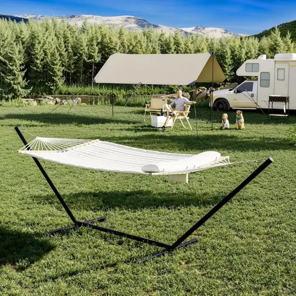 【DealsForYouDays】GARVEE 2-Person Double Hammock with Portable Steel Frame & Comfort Pad – Heavy Duty 450 lb Capacity, UV-Resistant, Quick Assembly, Collapsible Stand for Indoor, Outdoor, Backyard, Camping