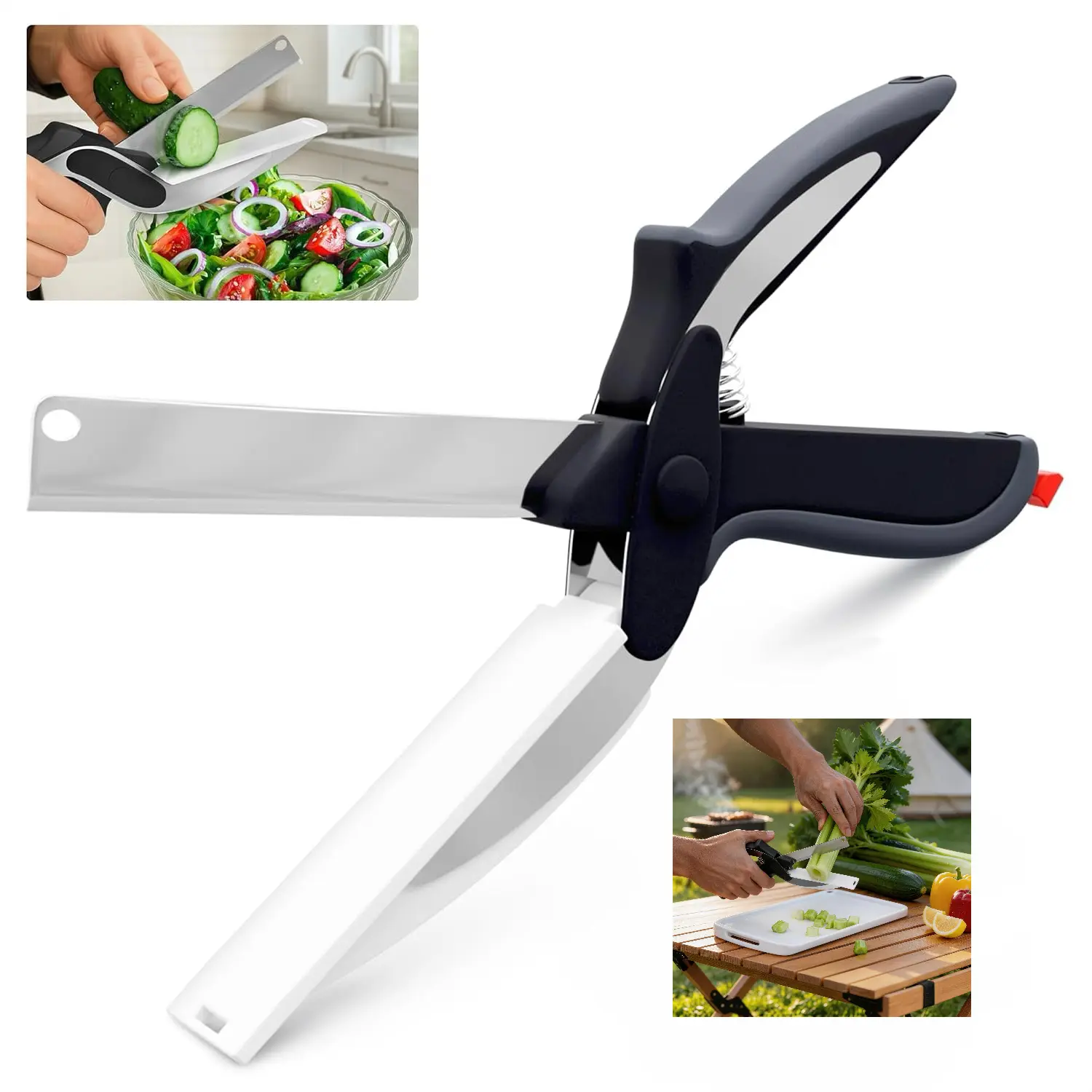 Compact 2-in-1 kitchen scissor for camping, tailgates & BBQ  with Cutting Board Knife Combo with Safety Lock and Storage Holder, Sharp Stainless Steel Blade, Dishwasher Safe - For Slicing Vegetables and Fruits