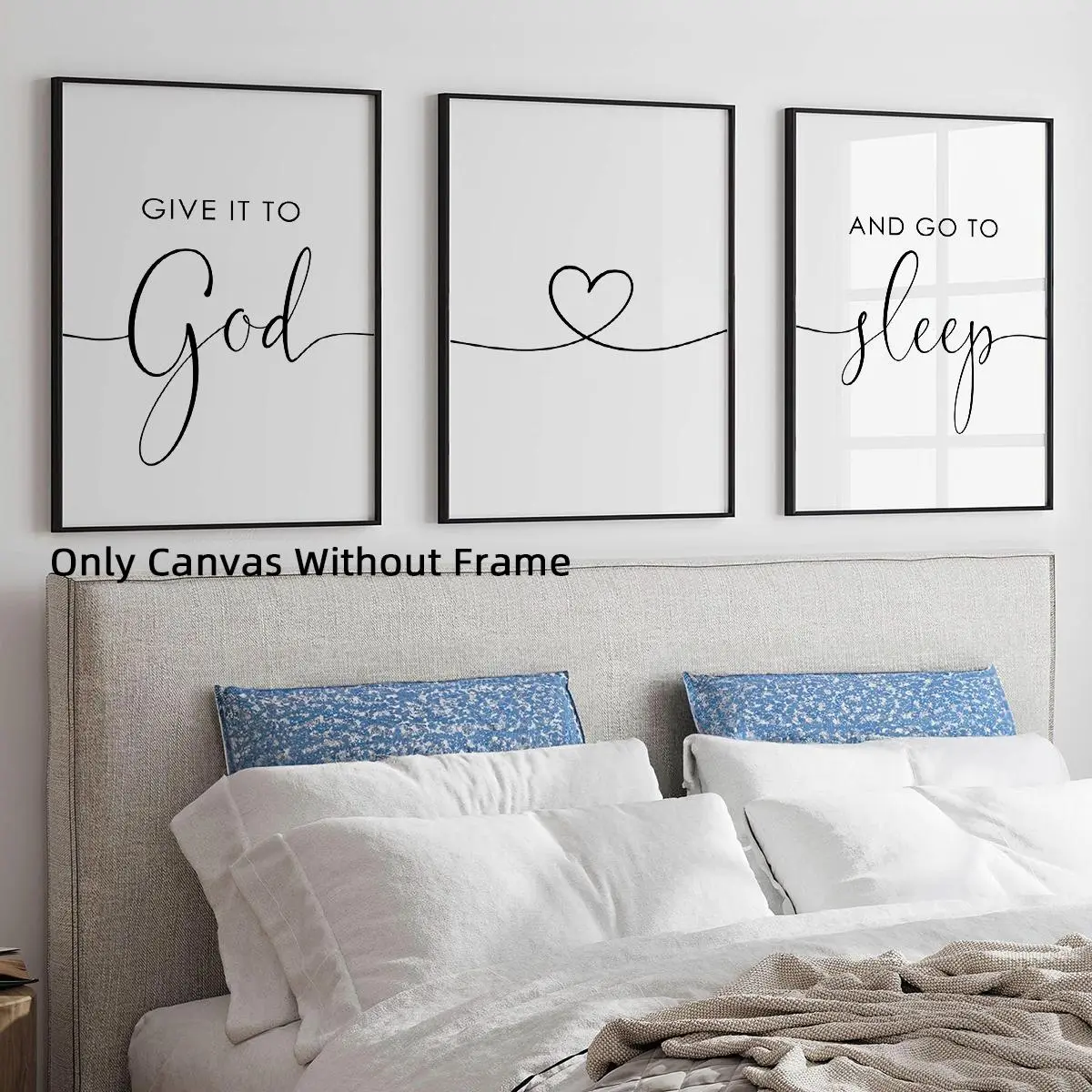 3pcs Set Unframed Minimalist Black and White Wall Art, Give It to God and Go to Sleep Canvas Prints, Modern Aesthetic Quote Posters for Bedroom Decor, Inspirational Christian Religious Prints Home Wall Decor (Rolled Canvas Only)