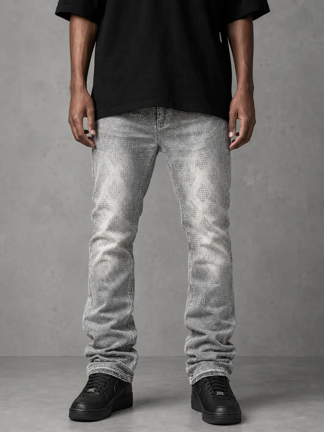 Women's Smoked Grey Liquid Crystal Diamond Crystal Stacked Rhinestone Cotton Jeans, Casual Cotton Pants JTF2317