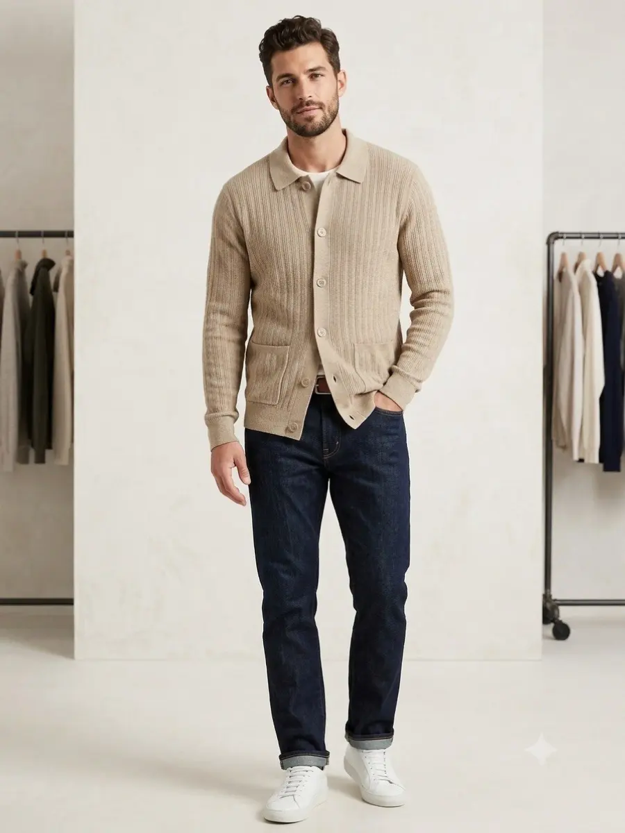 Men's Goodfellow Long Sleeve Plain Casual Knitwear Sweater Cardigan, Tan B.8, Menswear Top