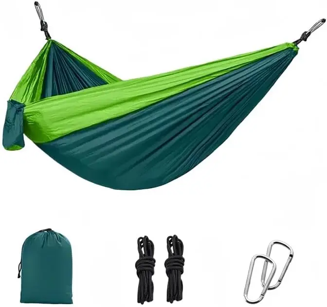 Outdoor Camping Hammock – 270x140cm Dark Green & Lime Green, Includes 2.5m Straps + 5+1 Rings for Easy Setup