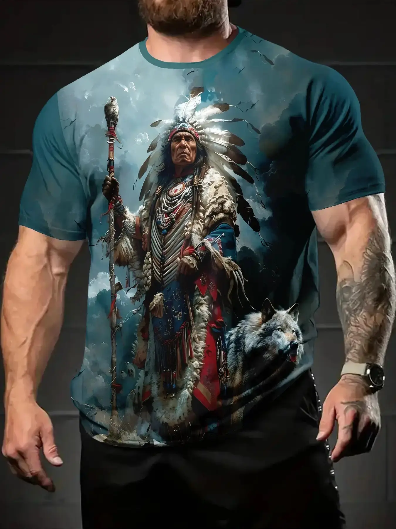 Summer Men's 3D Digital Print Animal Indian Warrior Fitted T-Shirt, Casual Streetwear Comfortable Breathable Round Neck Short Sleeve, Perfect Gift for Daily Wear and Sports