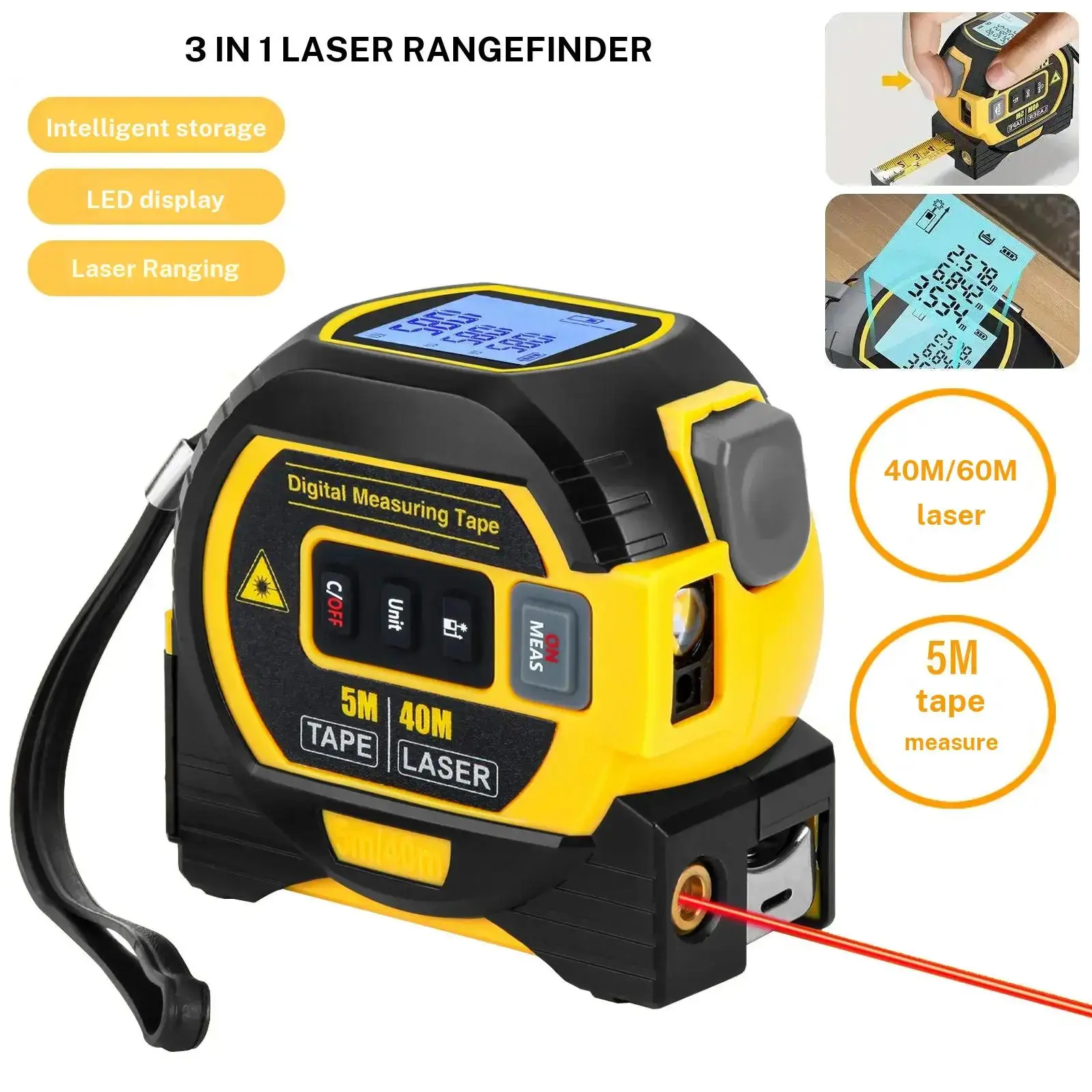 Three in one intelligent laser digital tape measure, 40/60 meter long-distance laser+5-meter self-locking steel tape measure, millimeter level high precision, LCD screen with one click switch between metric and imperial systems, indoor design measurement
