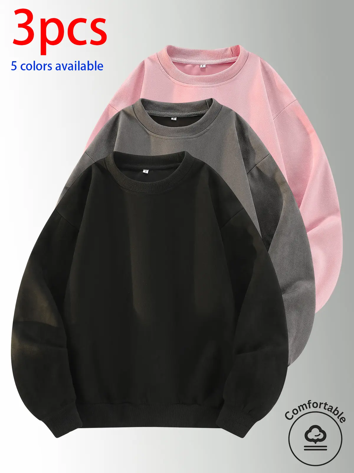 3-pack: men’s crewneck sweatshirt, men’s pullover sweatshirt.Loose, comfortable fit, no print design—simple and versatile for home, everyday casual wear, campus, and commuting to work.