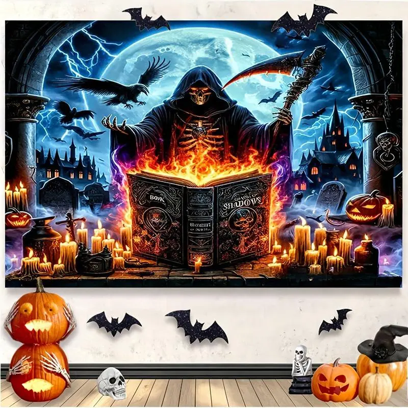 #5 Halloween Grim Reaper Magic Book Fabric Wall Backdrop, Full Moon Lightning Castle Photo Booth Cloth Wall Banner Decor