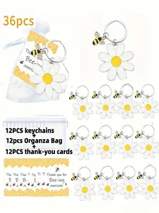 36 Piece Daisy & Bee Flower Keychain Set, Cute Keychains, Alloy Keychains with Organza Bags and Thank-You Cards, Perfect Christmas Gift for Mom, Friends, Colleagues