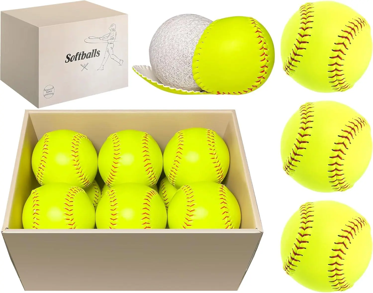 6/12 Pack Sports Practice Softballs - 12-Inch Official Size and Weight Slowpitch Softball, Unmarked & Leather Covered Training Ball for Games, Practice and Training, Yellow (12)