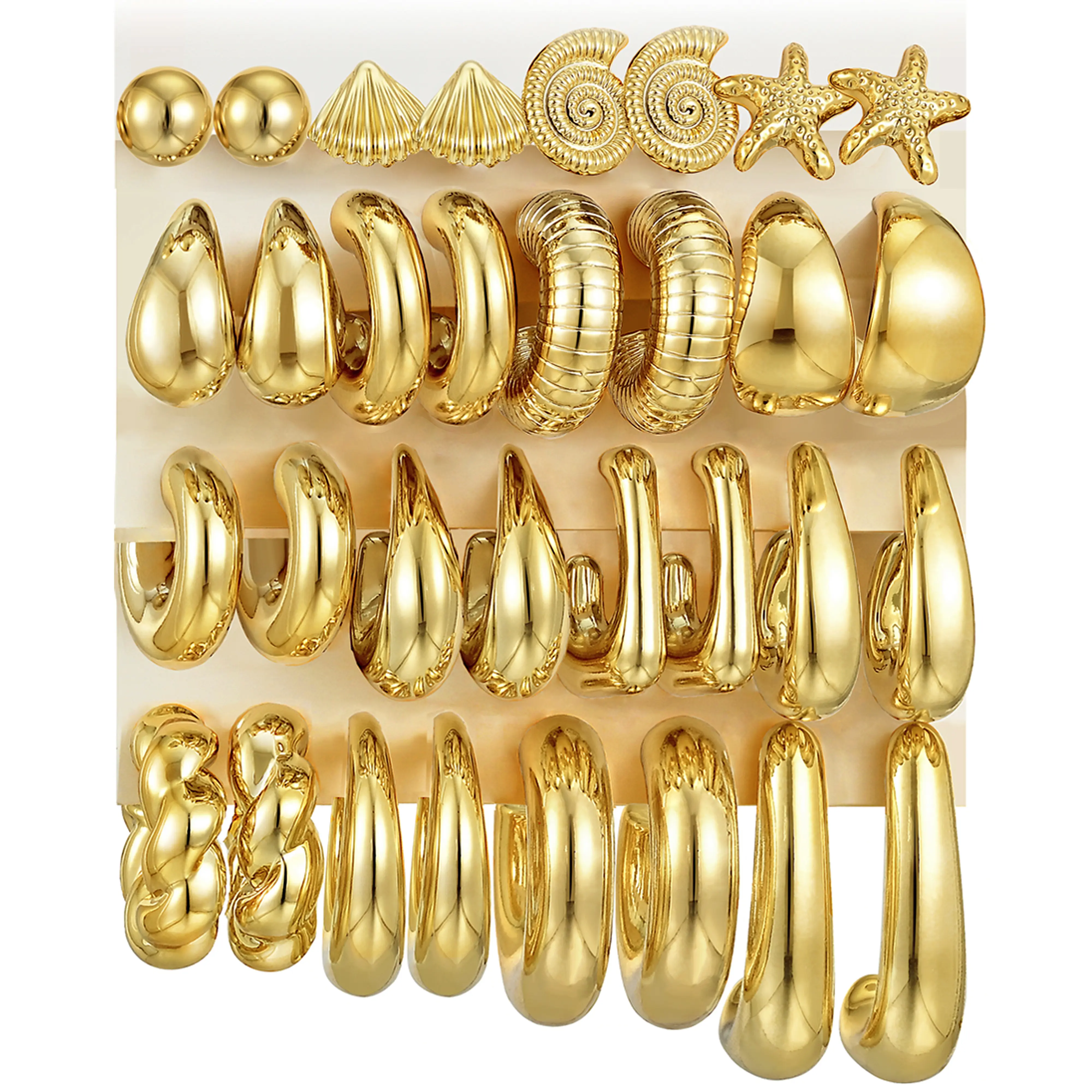 17KM 16 Pairs Gold Hoop Earrings Set for Women, Chunky Statement Earrings | Hypoallergenic Lightweight Stackable Earrings, Starfish Summer Beach Jewelry Set Gift for Trendy Women, Vacation