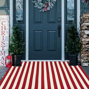 [holiday gifts][christmas gift] Christmas Outdoor Mat - Red & White Striped Doormat with "Merry Christmas" Design, Durable Polyester, Machine Washable, Rubber Backing for Front Porch & Farmhouse Decor, Christmas Decorations, Best For Christ