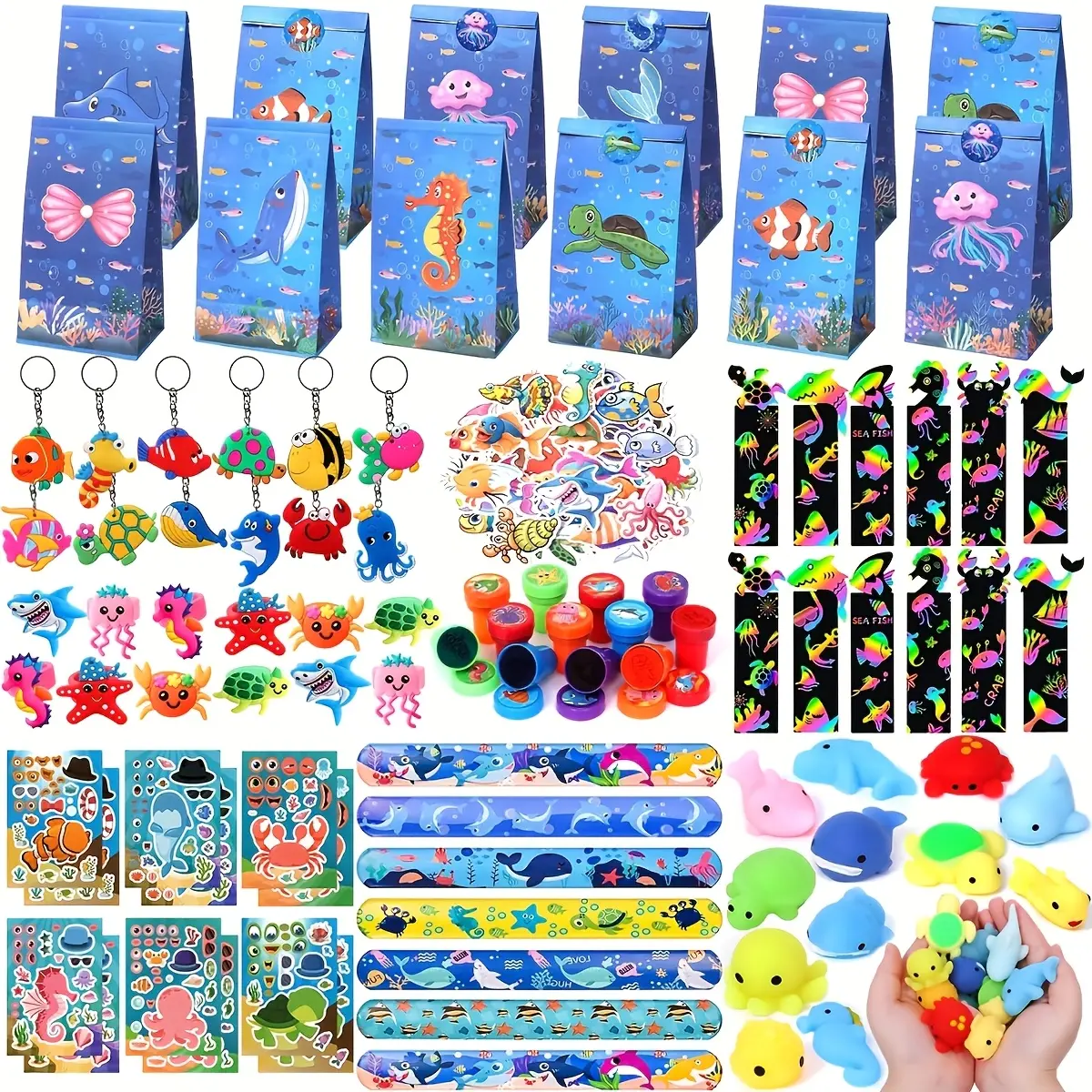 148Pcs Under the Sea Party Favors Set - Kids Ocean Themed Birthday Supplies Goodie Bag Stuffers with 12 Sea Toys Inside, Squishies, Sticky Hand, Bookmark, DIY Sticker, Stamper, Ring, Walltable Stick Fun, Ideal for Undersea Birthday Parties, Water Proof