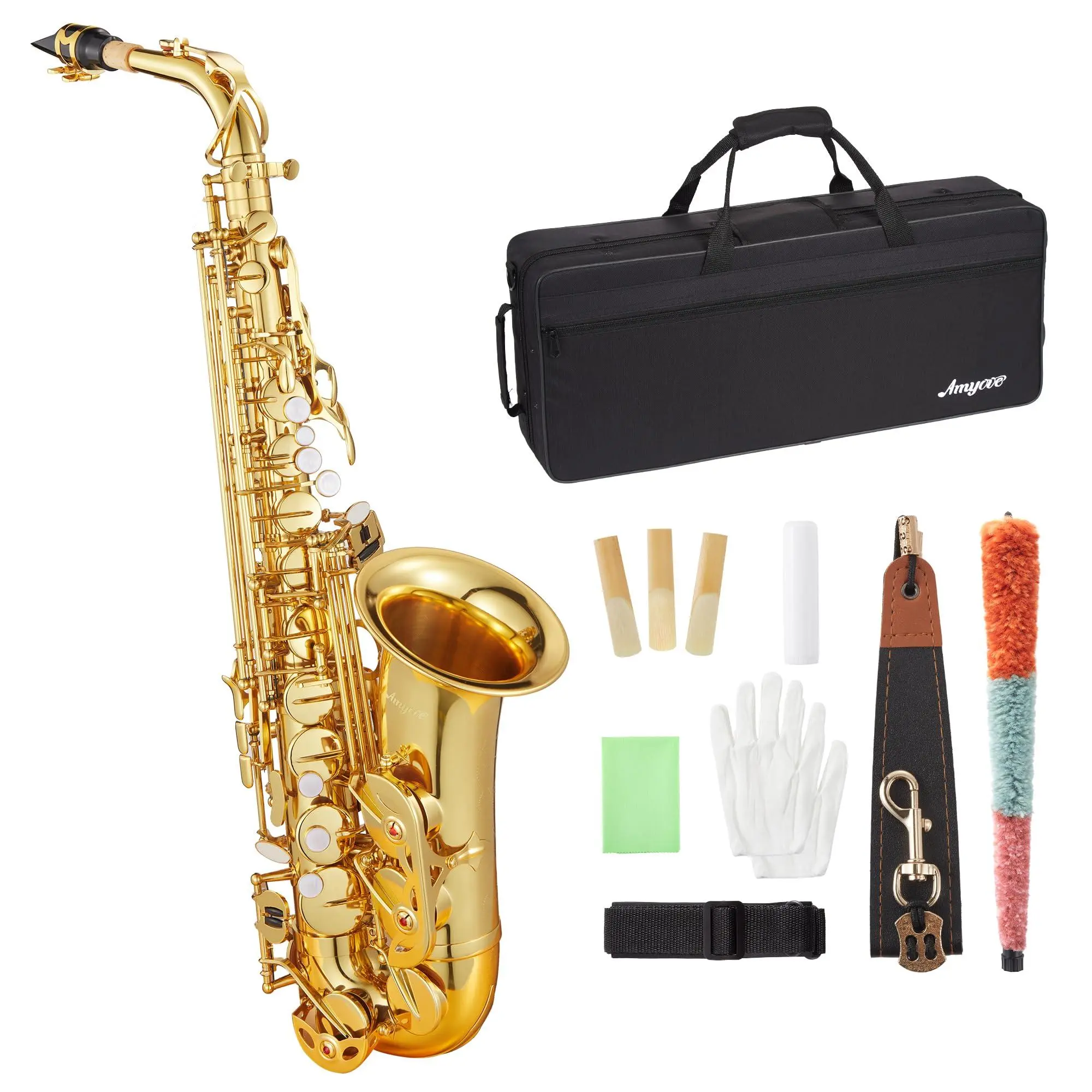 Gaomon Handcrafted Lightweight Brass Body Eb Alto Saxophone - Beginner-Friendly Complete Kit with Case, Cork Grease, Cloth, Neck Strap, Brush, Gloves, Reed - Ideal for Students
