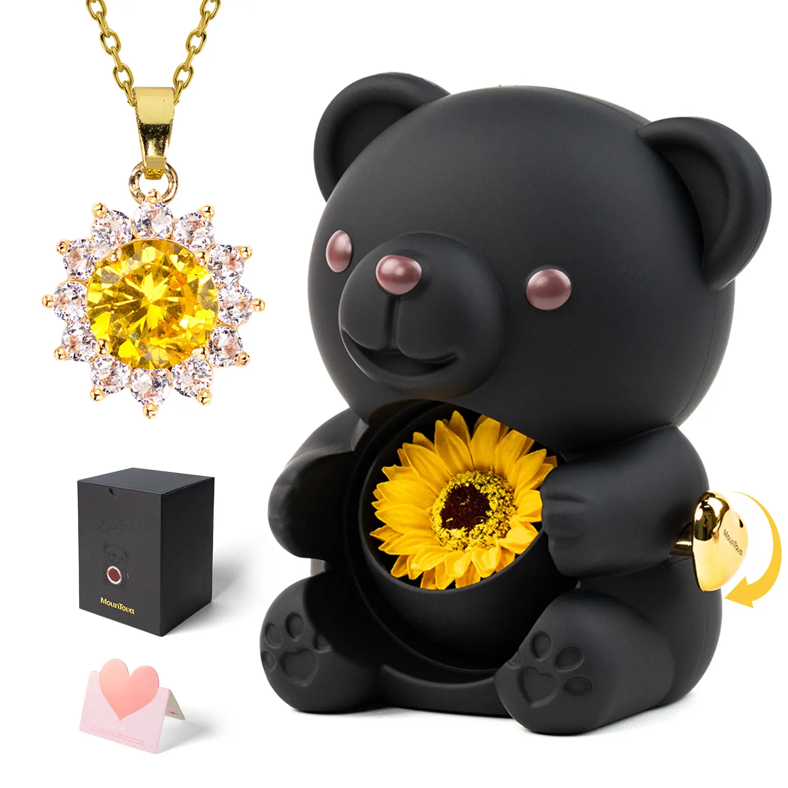 【Buy 2 Get 1 Free】Mountova Lucky Sunflower Bear Necklace Gift Box Set, Romantic Jewelry for Mom, Daughter, Girlfriend, Birthday & Anniversary, Cute Room Decor,Father's Day Gifts, Back-to-School Gifts Bling Chain,#tiktokshopsummersale